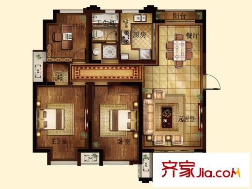 邊城香榭里8號C-1戶型 3室2廳1衛(wèi)1廚