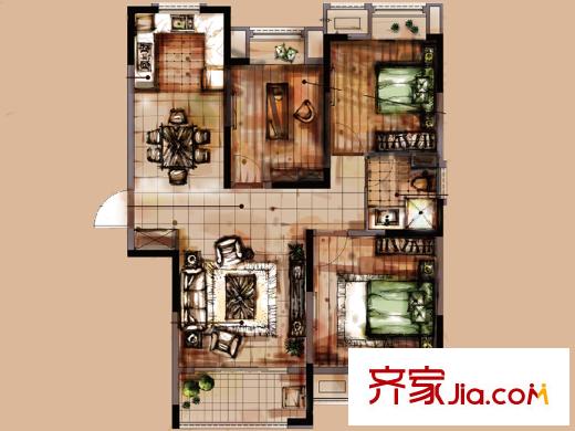 橡樹灣二期B-6戶型 3室2廳1衛(wèi)1廚