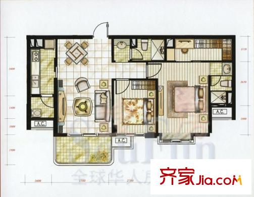 京華城中城A1戶型 2室2廳2衛(wèi)