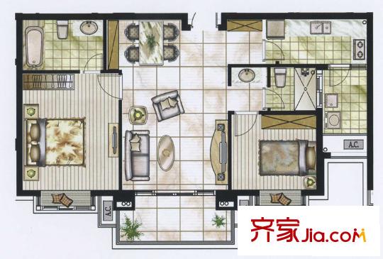 京華城中城戈?duì)柪硐?3#25#26#B底層戶型 2室2廳2衛(wèi)1廚