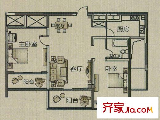 集成居小高層戶型 2室2廳1衛(wèi)1廚
