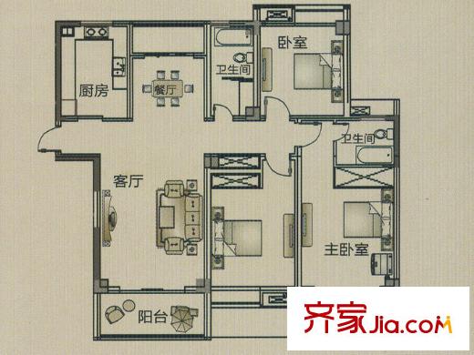集成居小高層戶型 3室2廳2衛(wèi)1廚
