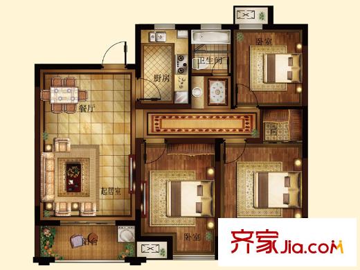 邊城香榭里8號A-2戶型 3室2廳1衛(wèi)1廚