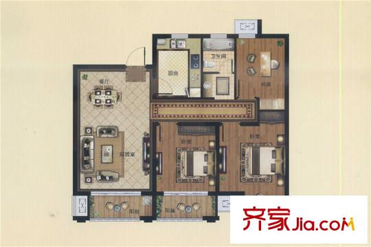 邊城香榭里8號D-2戶型 3室2廳1衛(wèi)1廚