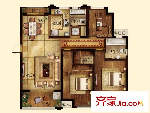邊城香榭里8號C-3戶型 3室2廳2衛(wèi)1廚