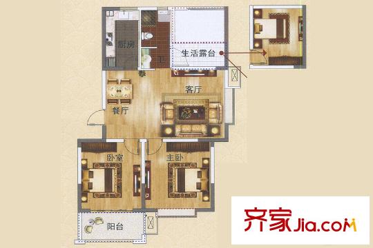 金水灣B戶型 3室2廳1衛(wèi)1廚
