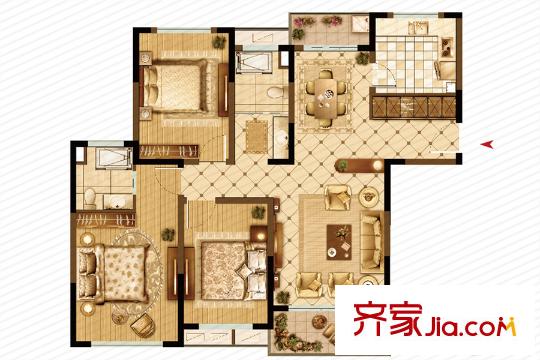 大上海御龍灣二期B3戶型 3室2廳2衛(wèi)1廚