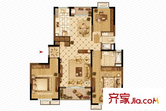 大上海御龍灣二期B2戶型 3室2廳2衛(wèi)1廚