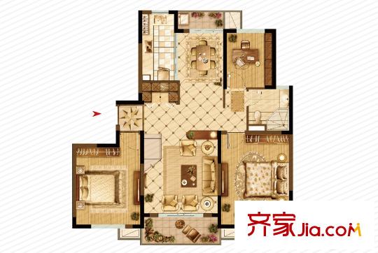 大上海御龍灣二期C1戶型 3室2廳1衛(wèi)1廚