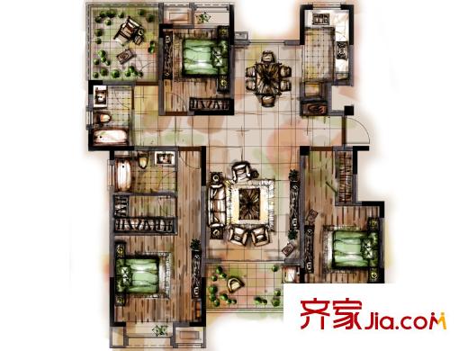橡樹灣花園洋房5F戶型 3室2廳2衛(wèi)1廚