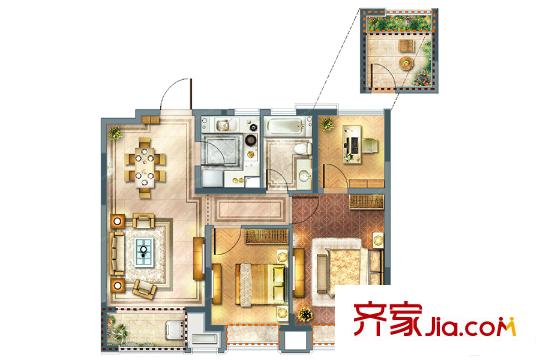橡樹灣一期85平米戶型 2室2廳1衛(wèi)1廚