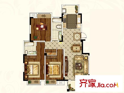 華信沁園D1戶型 3室2廳2衛(wèi)1廚
