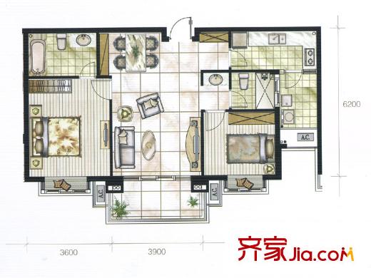 京華城中城23#25#26#標(biāo)準(zhǔn)層B戶型 2室2廳2衛(wèi)1廚