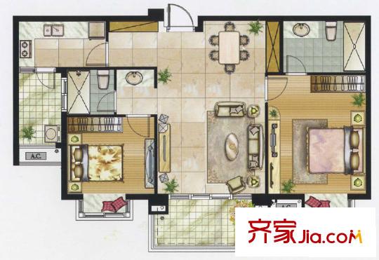 京華城中城戈?duì)柪硐?#5#6#7#B2戶型 2室2廳2衛(wèi)1廚