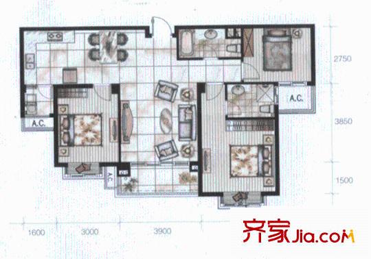 京華城中城三期豪景苑c1戶型 3室2廳2衛(wèi)1廚