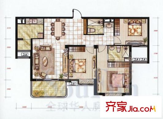 京華城中城C1戶型 3室2廳2衛(wèi)