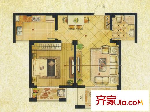 香頌溪岸X2戶型 1室2廳1衛(wèi)1廚