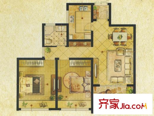 香頌溪岸G-A戶型 2室2廳1衛(wèi)1廚