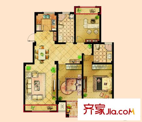 香頌溪岸D2戶型 3室2廳2衛(wèi)1廚