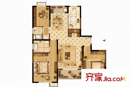 大上海御龍灣二期B1戶型 3室2廳2衛(wèi)1廚