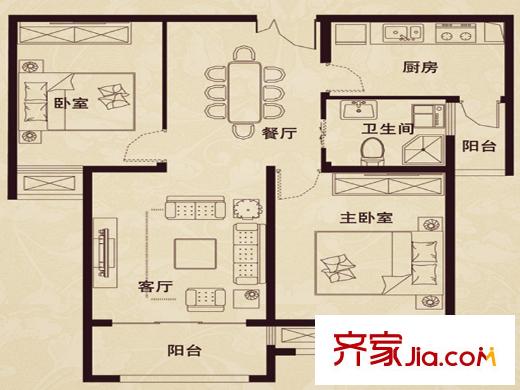 首開水印西堤C1戶型 2室2廳1衛(wèi)1廚