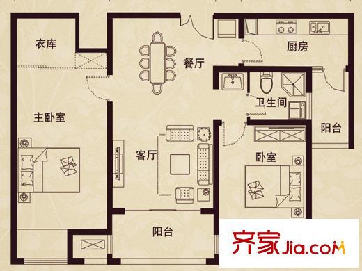 首開水印西堤B2戶型 2室2廳1衛(wèi)1廚