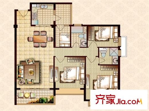 恒大帝景天籟麗景戶型 3室2廳2衛(wèi)1廚