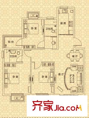 恒通康城A戶型 3室2廳2衛(wèi)1廚