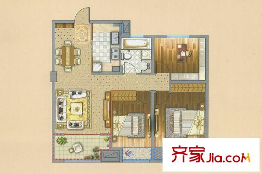 怡人城市花園B3戶型 3室2廳1衛(wèi)1廚