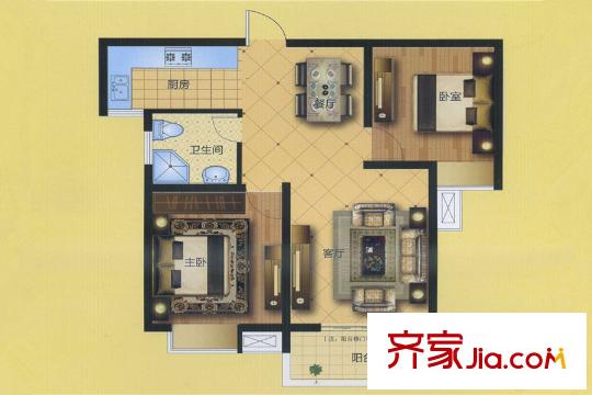 新城生態(tài)花園E戶型 2室2廳1衛(wèi)1廚