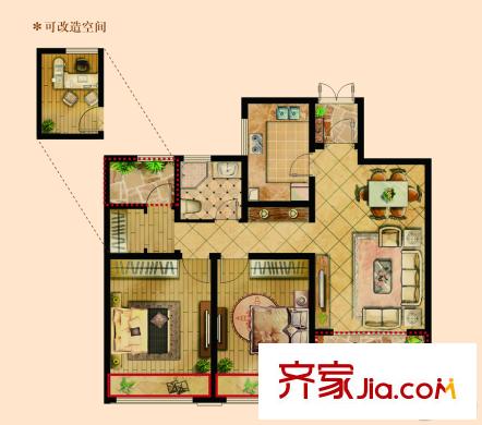 香頌溪岸G-A戶型 2室2廳1衛(wèi)1廚