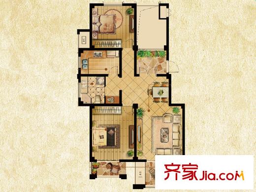 香頌溪岸A-02戶型 2室2廳1衛(wèi)1廚
