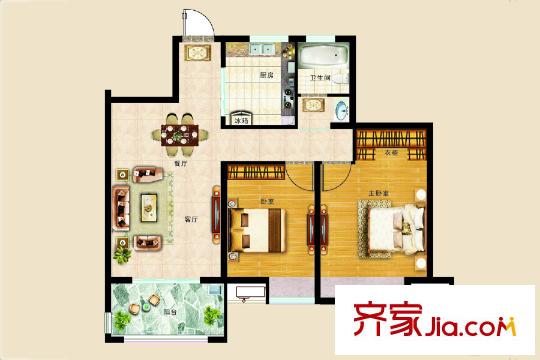 幸福里花園A2戶型 2室2廳1衛(wèi)1廚