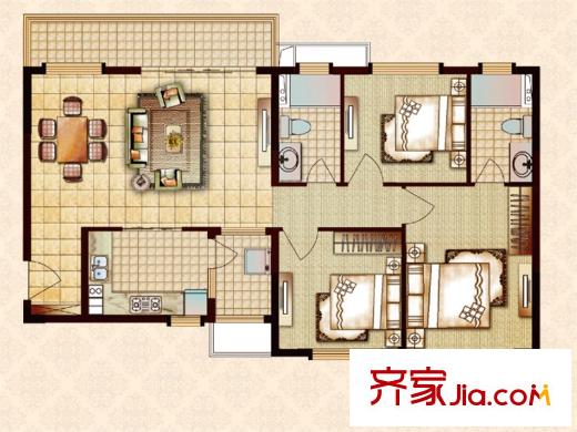 恒大帝景都市名景戶型 3室2廳2衛(wèi)1廚