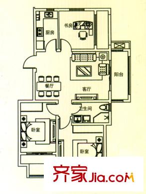 怡人城市花園B1戶型 3室2廳1衛(wèi)1廚