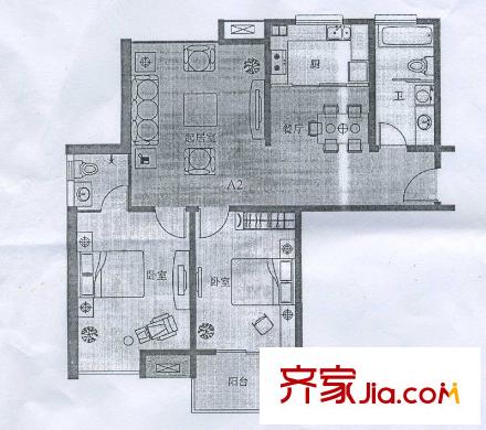 金湖灣墅園戶型圖景觀高層A2戶型 2室2廳2衛(wèi)1廚