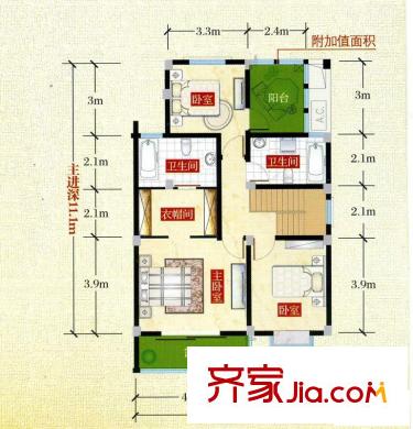 加州莊園戶型圖疊加H2戶型上疊二層 4室2廳3衛(wèi)1廚
