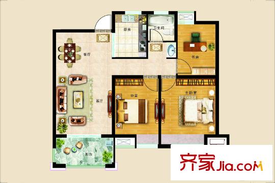 幸福里花園B2-C2戶型 3室2廳1衛(wèi)1廚