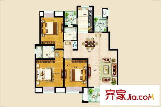 幸福里花園D1戶型 3室2廳2衛(wèi)1廚