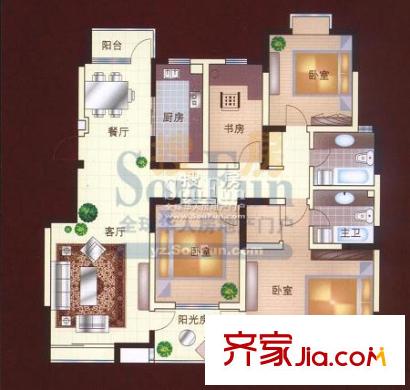 西郡188花園戶型圖G戶型 4室2廳2衛(wèi)1廚