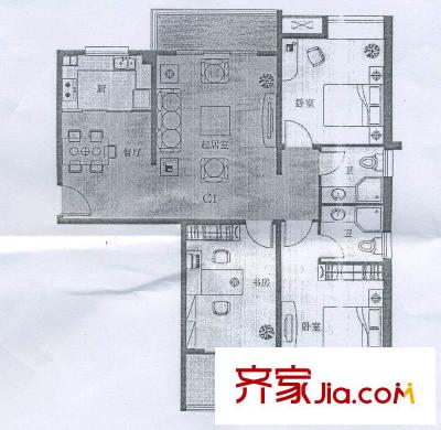 金湖灣墅園戶型圖景觀高層C1戶型 3室2廳2衛(wèi)1廚