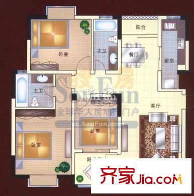 西郡188花園戶型圖E戶型 3室2廳2衛(wèi)1廚