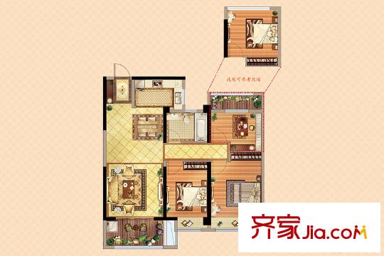 揚州萬達廣場B1戶型 3室2廳1衛(wèi)1廚