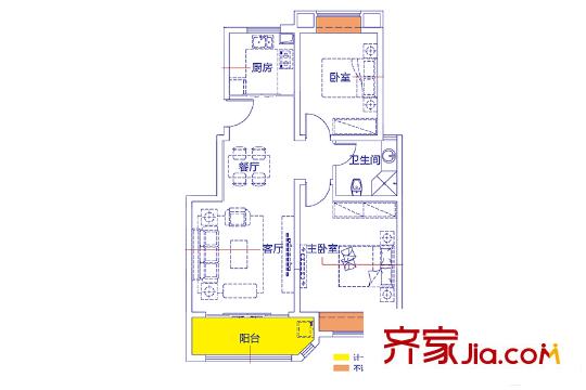 光輝歲月D戶型 2室2廳1衛(wèi)1廚