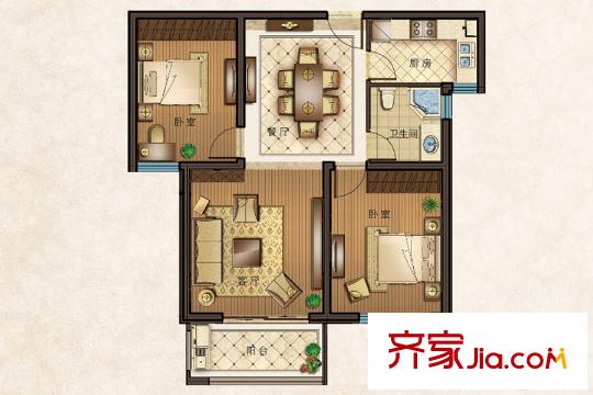 月城熙庭高層C戶型 2室2廳1衛(wèi)1廚