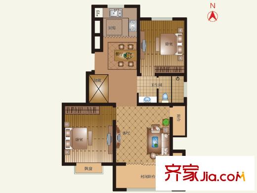 豪第坊C1戶型 2室2廳1衛(wèi)1廚