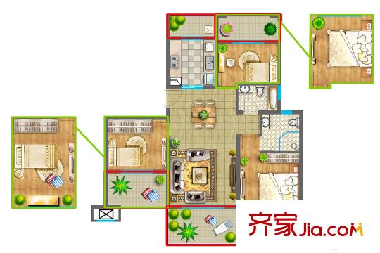 香堤春曉五戶型 3室2廳2衛(wèi)1廚