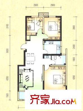 金榜龍城一期B5戶型 3室2廳1衛(wèi)1廚