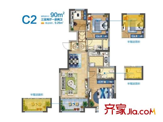 西恩DADA2#、6#、7#、8#C2戶型 3室2廳2衛(wèi)1廚