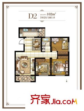 鉑瑞公館D2戶型 3室2廳1衛(wèi)1廚
